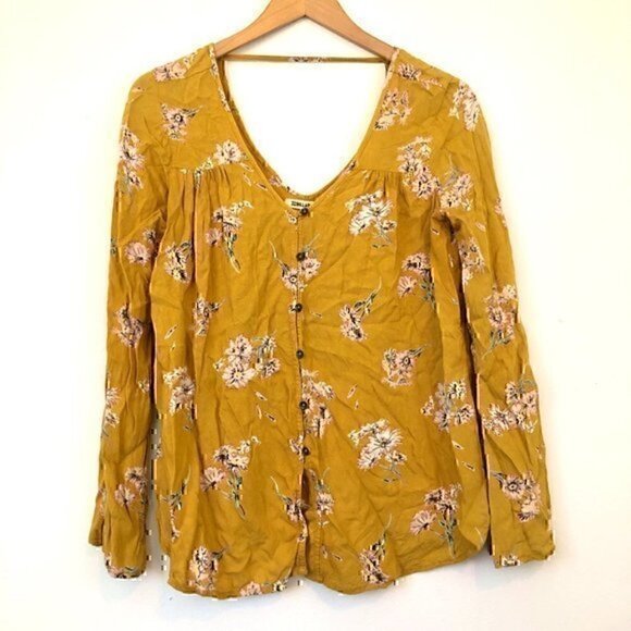 BILLABONG Forget Me Knot Shirt Mustard Yellow V-Neck Button Down Blouse JRS XS - Picture 3 of 11